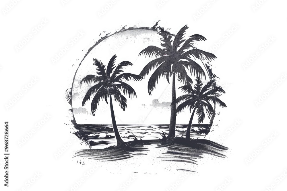 Obraz premium A drawing of a beach with palm trees and a sunset in the background. The drawing is black and white and has a vintage feel to it