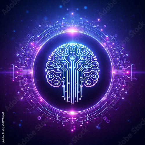 Blue hologram portal with brain in the middle. Magic fantasy portal. Magic circle teleportation podium with hologram effect. Sci-fi circle elements of light and lamps.