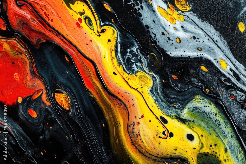 A painting with a black background and splashes of red, yellow, and green. The colors are bold and vibrant, creating a sense of energy and movement. The painting seems to be abstract A painting with a black background and splashes of red, yellow, and green. The colors are bold and vibrant, creating a sense of energy and movement. The painting seems to be abstract