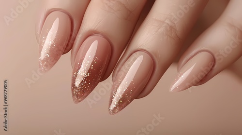 Close-up of stylish, long nude nails with glitter and rhinestone embellishments.