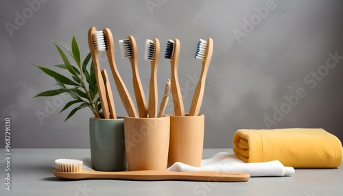 Eco toothbrushes. Bamboo toothbrushes cup, natural soap, plastic free ear sticks, wooden hair brush and white towels on gray stone background