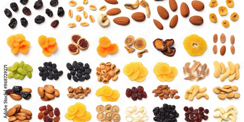 Fototapeta premium A variety of nuts and dried fruits are spread out on a white background. Concept of abundance and variety, as there are many different types of nuts and dried fruits on display