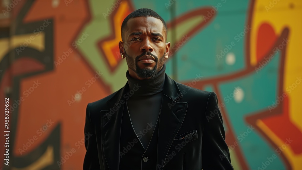Confient Black Man in Suit an Turtleneck Against Urban Graffiti Wall Confient Black Man in Suit an Turtleneck Against Urban Graffiti Wall