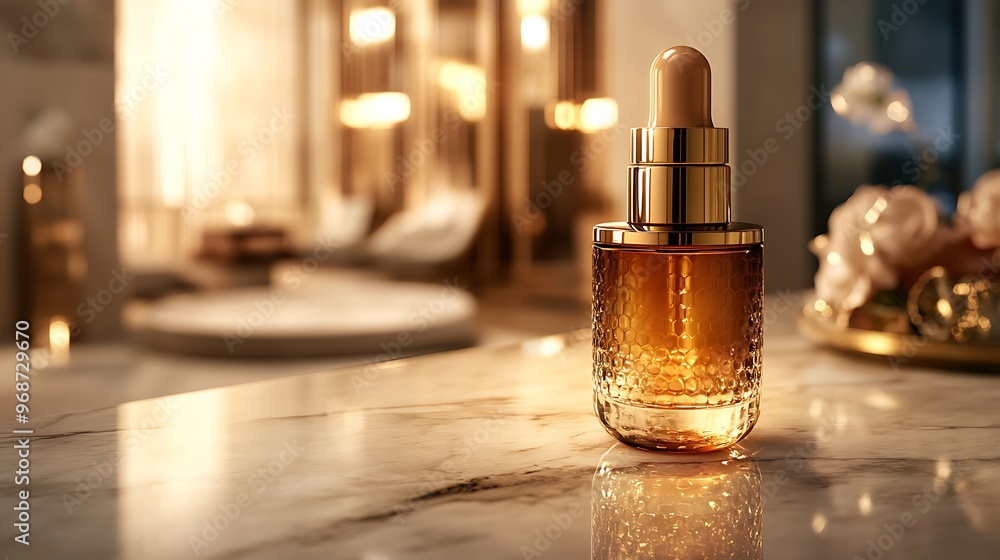 Luxury Gold Dropper Bottle on Marble Surface with Blurred Background Luxury Gold Dropper Bottle on Marble Surface with Blurred Background
