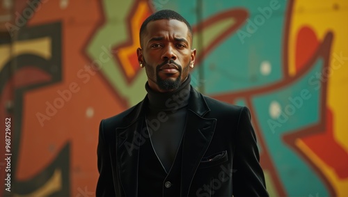 Confient Black Man in Suit an Turtleneck Against Urban Graffiti Wall photo