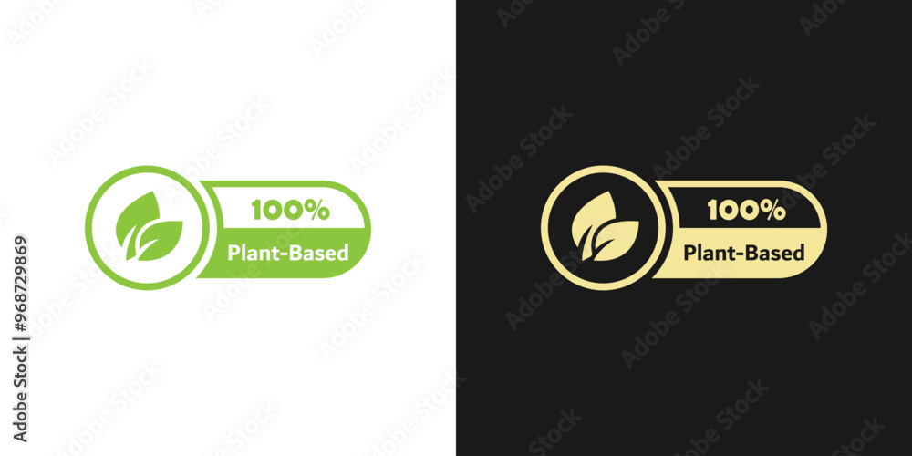 Plant based label. Text inside a circle with leaves around. Vegan ...