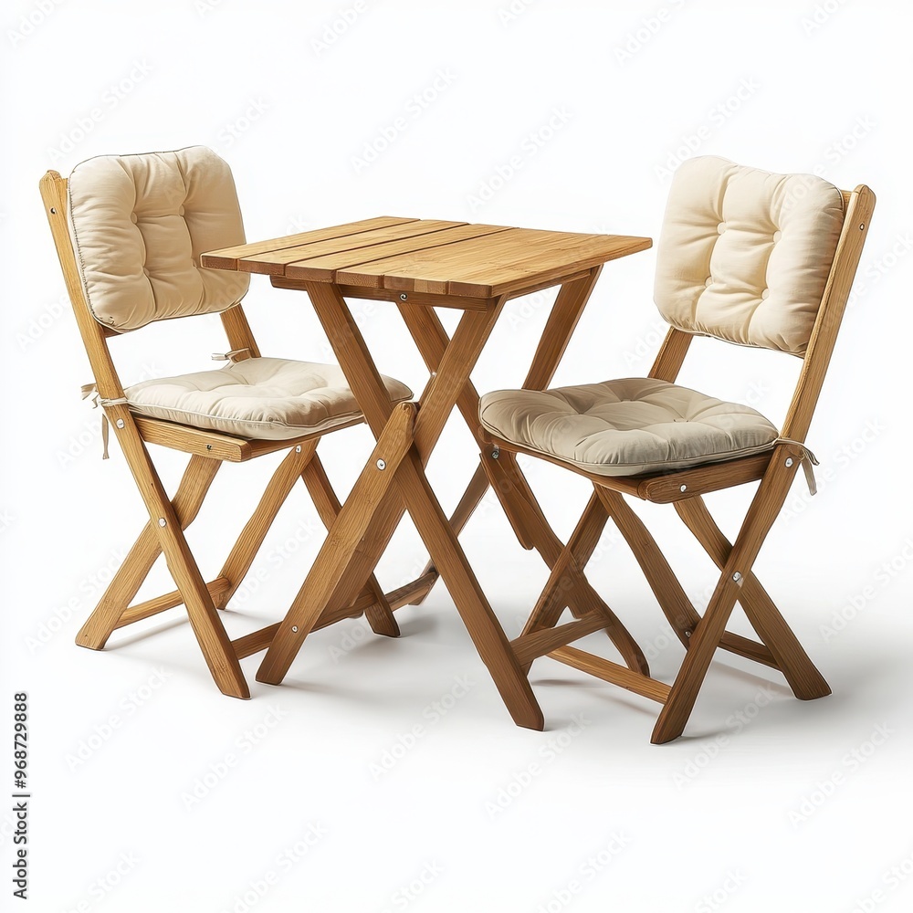 A small wooden table with two cushioned chairs, ideal for outdoor dining or relaxation. A small wooden table with two cushioned chairs, ideal for outdoor dining or relaxation.