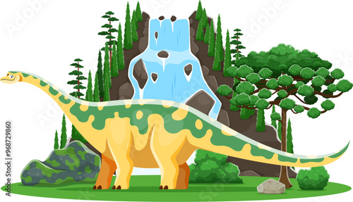 Cartoon dinosaur or prehistoric lizard Opisthocoelicaudia, vector character for kids Jurassic collection. Prehistoric dinosaur Opisthocoelicaudia funny dino in jungle forest with mountain waterfall