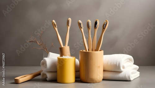 Eco toothbrushes. Bamboo toothbrushes cup, natural soap, plastic free ear sticks, wooden hair brush and white towels on gray stone background