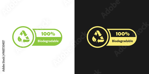 Biodegradable icon, label, sticker, emblem or sign. Bio degradable package stamps. Recyclable product. Organic bio package, leaf and arrow label. Plastic free, biodegradable, eco safe