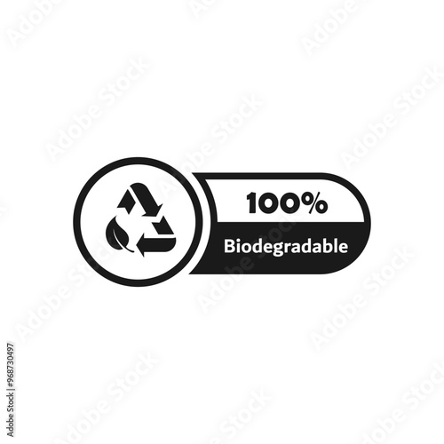 Biodegradable icon, label, sticker, emblem or sign. Bio degradable package stamps. Recyclable product. Organic bio package, leaf and arrow label. Plastic free, biodegradable, eco safe