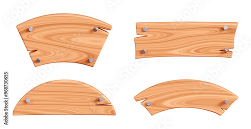 Fototapeta Naklejka Na Ścianę i Meble -  Wooden plaque set with cracks and metal nails for text box. Cartoon 3d render illustration of signboard with brown wood texture. Rustic timber plank, nameplate or board frame with fracture.