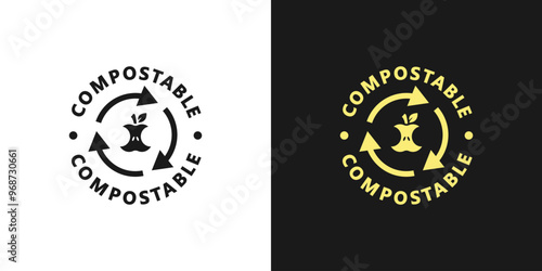 Compostable icon. Compostable logo, sign, label, sticker, food package stamp. Compostable product. Ecological product. Recyclable and biodegradable. Vector