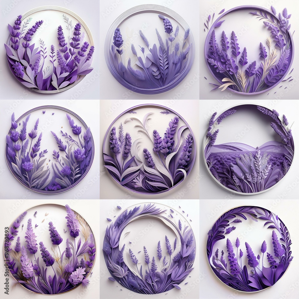 Fototapeta premium Nine paper flowers arranged in circular frames on a white background.