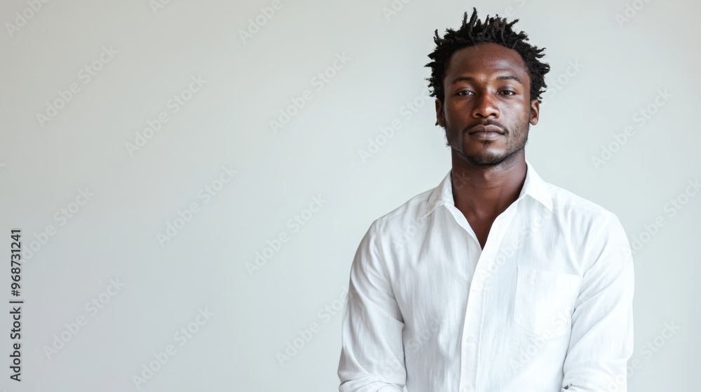 Confident Black Man in White Shirt Against Minimalist White Background Confident Black Man in White Shirt Against Minimalist White Background