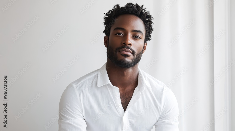 Obraz premium Serene Elegance - Handsome Black Man Posing in White Shirt Against Minimal White Background