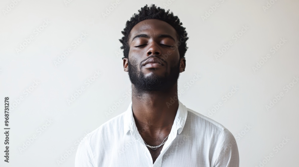 Obraz premium Serene Black Man in White Shirt Posed Against Soft White Background with Gentle Illumination