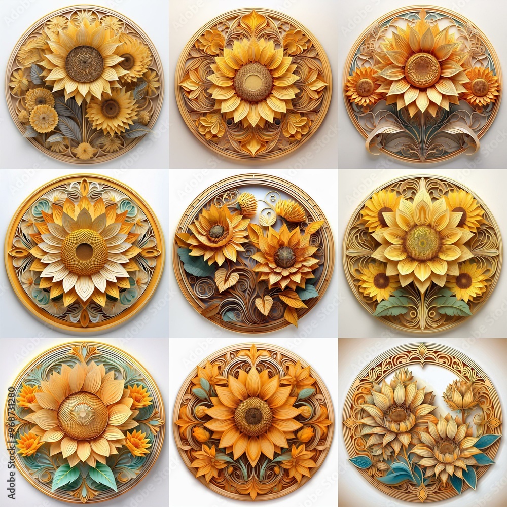 Nine circular paper art pieces featuring sunflowers with intricate patterns, some with additional floral elements. Nine circular paper art pieces featuring sunflowers with intricate patterns, some with additional floral elements.