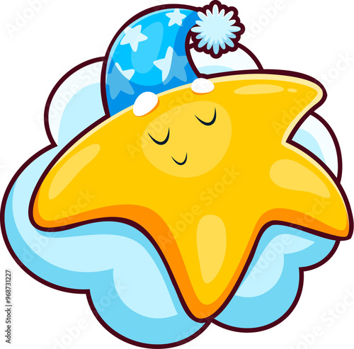 Cute kawaii star character sleeping on a cloud. Cartoon twinkle character peacefully slumbers in a nightcap. Isolated vector celestial toon personage, surrounded by a tranquil aura of bedtime magic