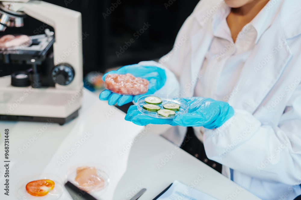Two female researchers in the lab work at a desk on plant genetic modification for food, meat, and vegetables, utilizing advanced genetic engineering technology to enhance crops and animal feed. Two female researchers in the lab work at a desk on plant genetic modification for food, meat, and vegetables, utilizing advanced genetic engineering technology to enhance crops and animal feed.