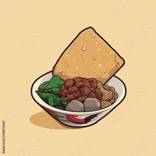 A bowl of chicken noodles or bakmi is an Indonesian specialty dish that includes vegetables meat and crispy crackers delicious in vector illustration