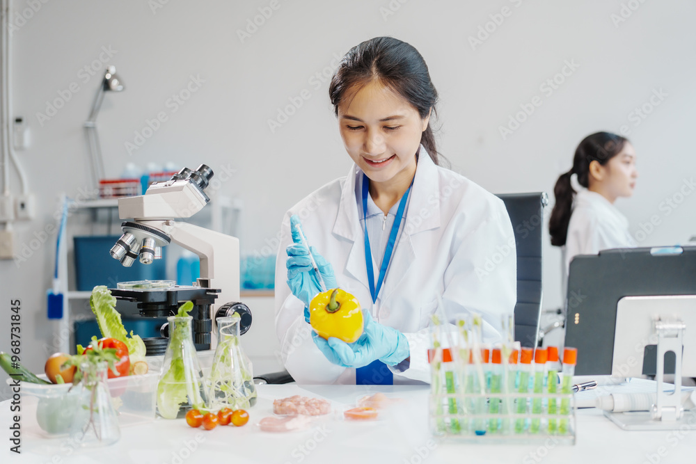 Two female researchers in the lab work at a desk on plant genetic modification for food, meat, and vegetables, utilizing advanced genetic engineering technology to enhance crops and animal feed. Two female researchers in the lab work at a desk on plant genetic modification for food, meat, and vegetables, utilizing advanced genetic engineering technology to enhance crops and animal feed.