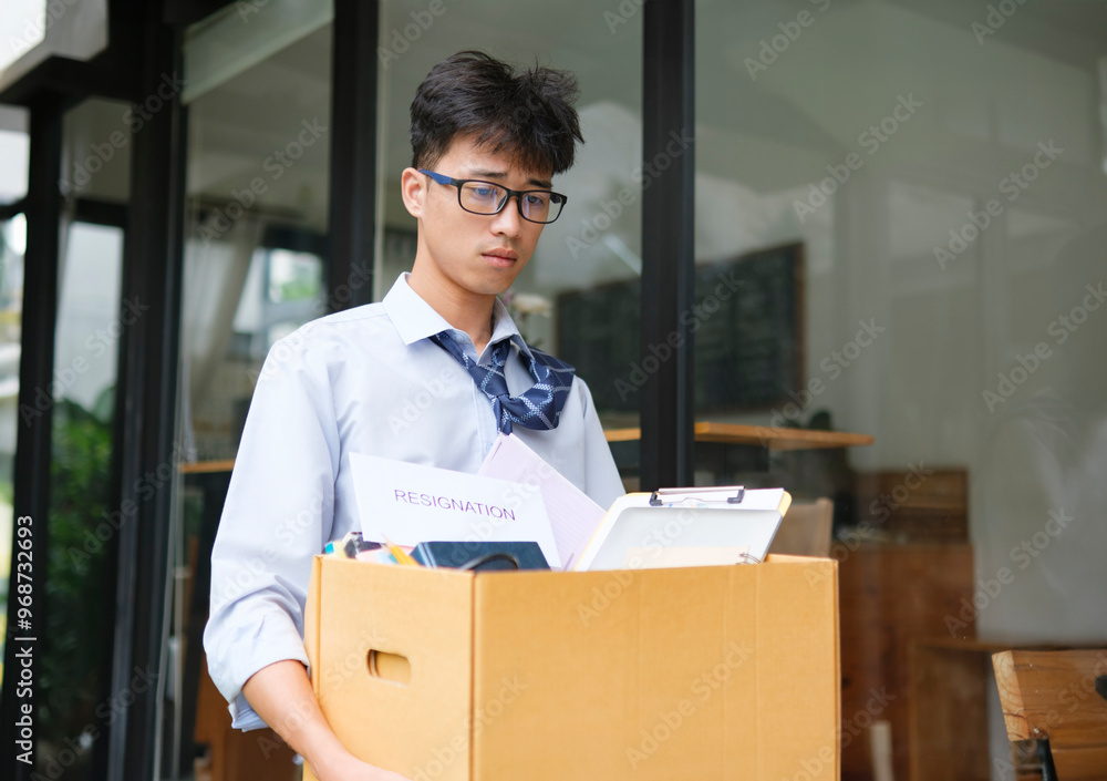 Businessman Leaving Office After Resignation with Box of Belongings Businessman Leaving Office After Resignation with Box of Belongings