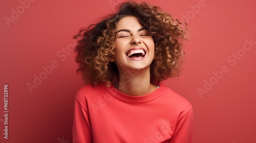 Portrait of a joyful woman laughing against a background.