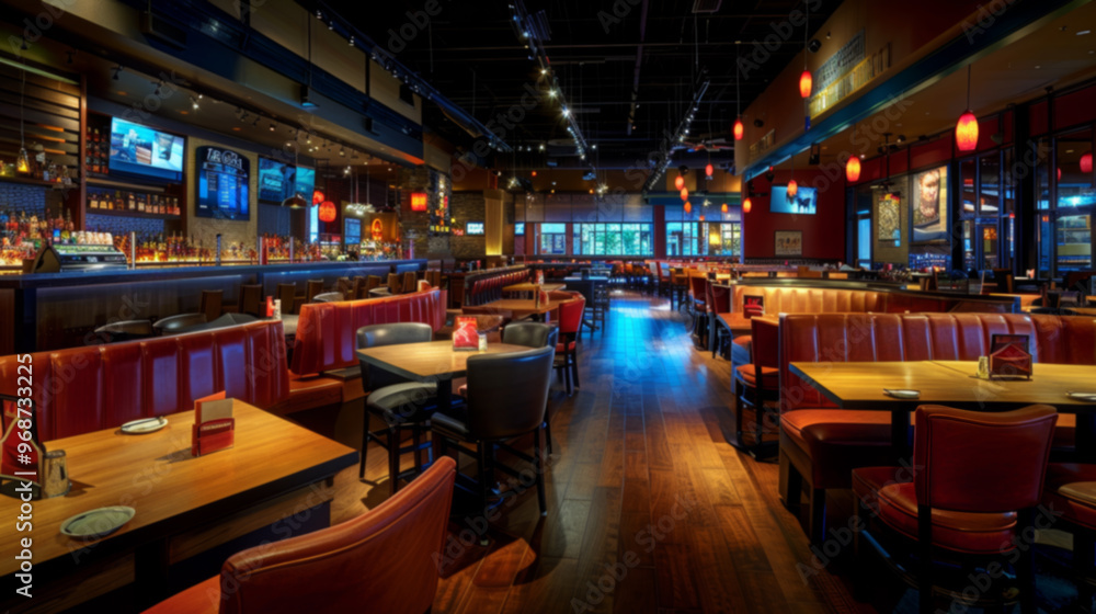 Modern Restaurant Interior with Wooden Floors and Booths Modern Restaurant Interior with Wooden Floors and Booths