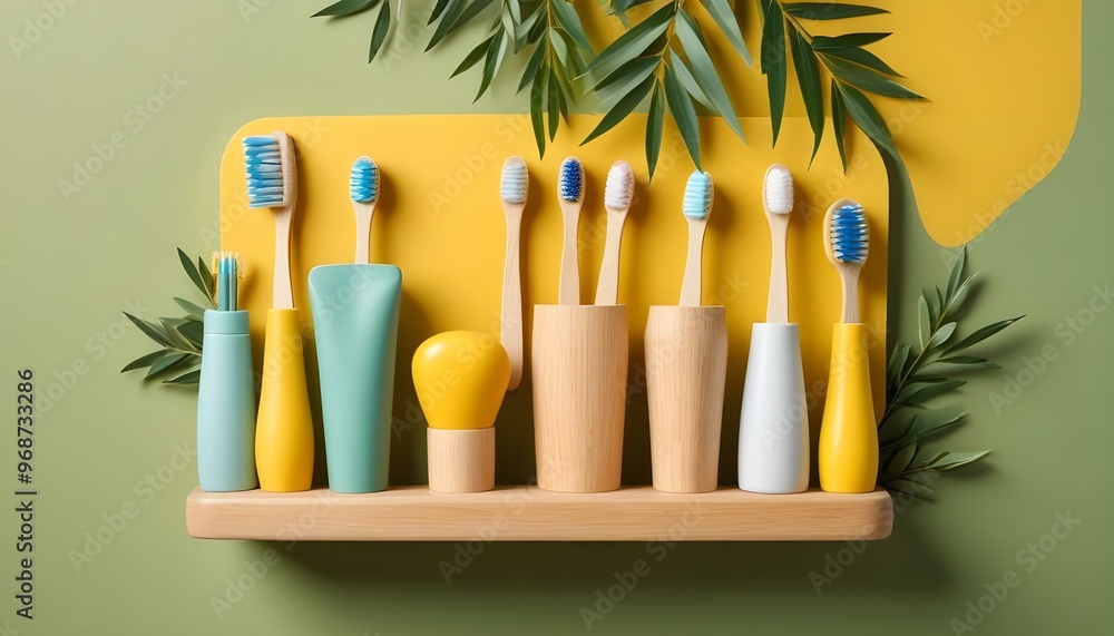 Eco toothbrushes. Bamboo toothbrushes cup, natural soap, plastic free ear sticks, wooden hair brush and white towels on gray stone background Eco toothbrushes. Bamboo toothbrushes cup, natural soap, plastic free ear sticks, wooden hair brush and white towels on gray stone background