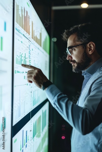 AI-generated insights displayed on a sleek digital screen. A business analyst is pointing out significant trends, Generative AI