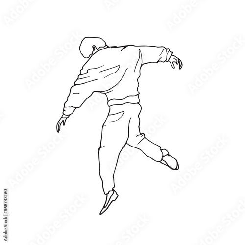 Silhouette d'un homme en mouvement les bras levé et le corps en suspension. Esquisse noir et blanc, dessin à la main minimaliste. 