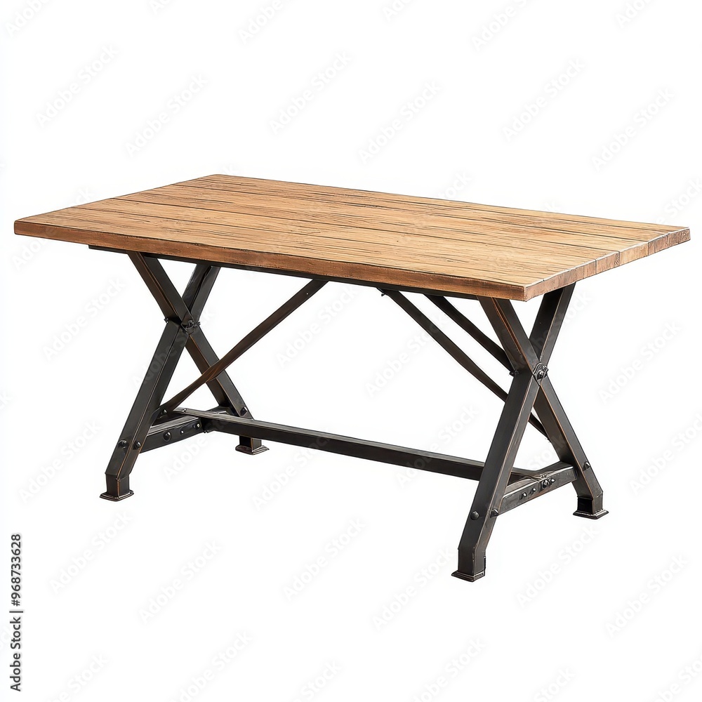 A sturdy wooden table with a metal frame, suitable for dining or workspace use. A sturdy wooden table with a metal frame, suitable for dining or workspace use.