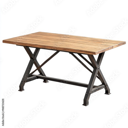 A sturdy wooden table with a metal frame, suitable for dining or workspace use.