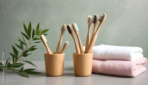 Eco toothbrushes. Bamboo toothbrushes cup, natural soap, plastic free ear sticks, wooden hair brush and white towels on gray stone background