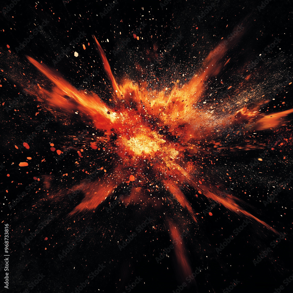Fiery Explosion Burst with Sparks on Black Background Fiery Explosion Burst with Sparks on Black Background
