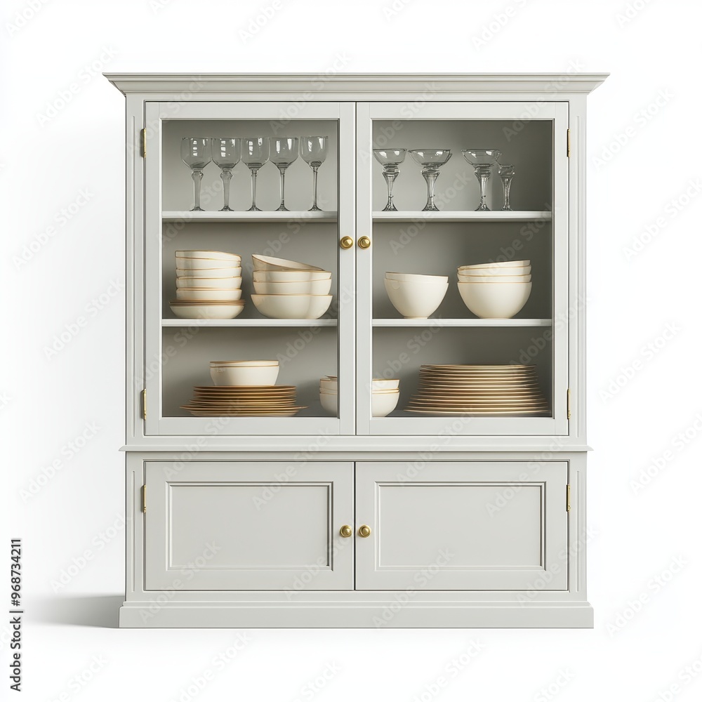 A stylish cabinet displaying glassware and dishware for dining or entertaining purposes. A stylish cabinet displaying glassware and dishware for dining or entertaining purposes.