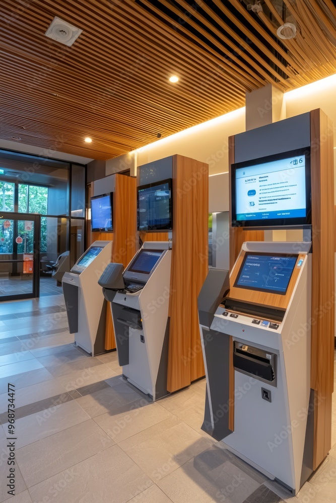 A banking branch implementing digital transformation for enhanced customer service. Digital kiosks and virtual banking assistants are available, Generative AI A banking branch implementing digital transformation for enhanced customer service. Digital kiosks and virtual banking assistants are available, Generative AI