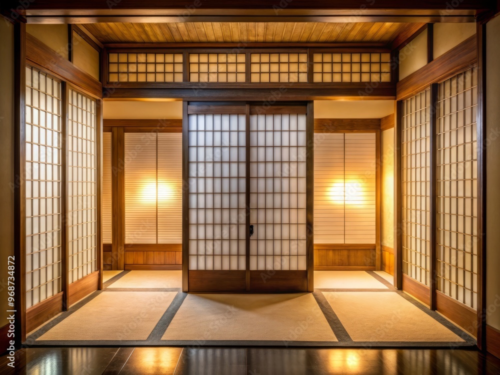 Sliding shoji door made of translucent paper panels with intricate wood carvings and subtle ornate details subtly lit from within a traditional tatami-matted room. Sliding shoji door made of translucent paper panels with intricate wood carvings and subtle ornate details subtly lit from within a traditional tatami-matted room.