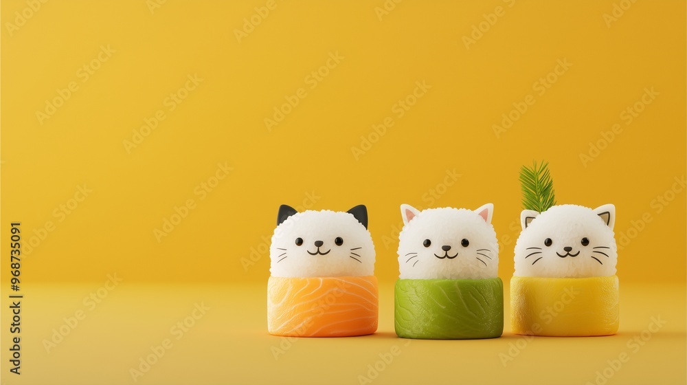 Adorable Animal-Shaped Sushi Rolls: Three smiling cat sushi figurines with different wraps on a yellow background. Adorable Animal-Shaped Sushi Rolls: Three smiling cat sushi figurines with different wraps on a yellow background.