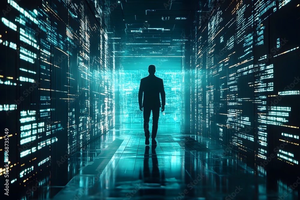 Man Walking Through a Digital Tunnel Man Walking Through a Digital Tunnel