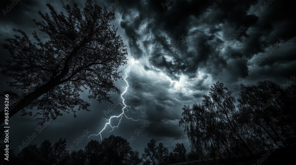 Obraz premium A powerful lightning bolt illuminates the dark, stormy sky above a forest, creating a dramatic and awe-inspiring scene.