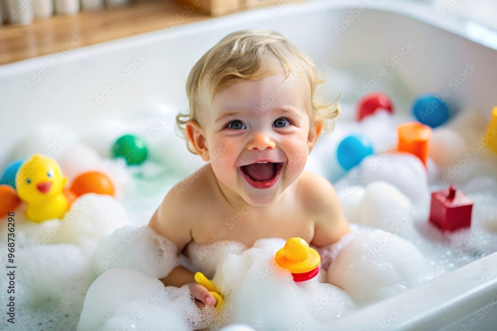 1 year old toddler enjoys bathing in the bathtub, A baby is playing with rubber ducks in the bathtub. The baby is holding one duck in each hand and splashing water. The scene is playful and fun, with 1 year old toddler enjoys bathing in the bathtub, A baby is playing with rubber ducks in the bathtub. The baby is holding one duck in each hand and splashing water. The scene is playful and fun, with