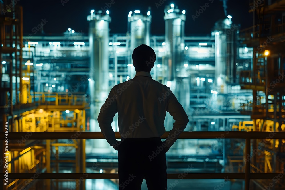 Silhouette of a Man Standing on a Platform Looking at a Large Industrial Facility Silhouette of a Man Standing on a Platform Looking at a Large Industrial Facility