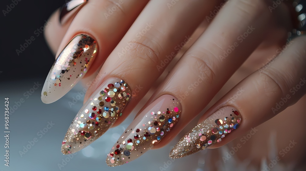 Close-up of stylish, long nude nails with glitter and rhinestone embellishments. Close-up of stylish, long nude nails with glitter and rhinestone embellishments.