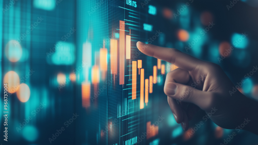 Growth in Focus: Businessman Touching a Rising Bar Graph with Stock Market Backdrop Growth in Focus: Businessman Touching a Rising Bar Graph with Stock Market Backdrop
