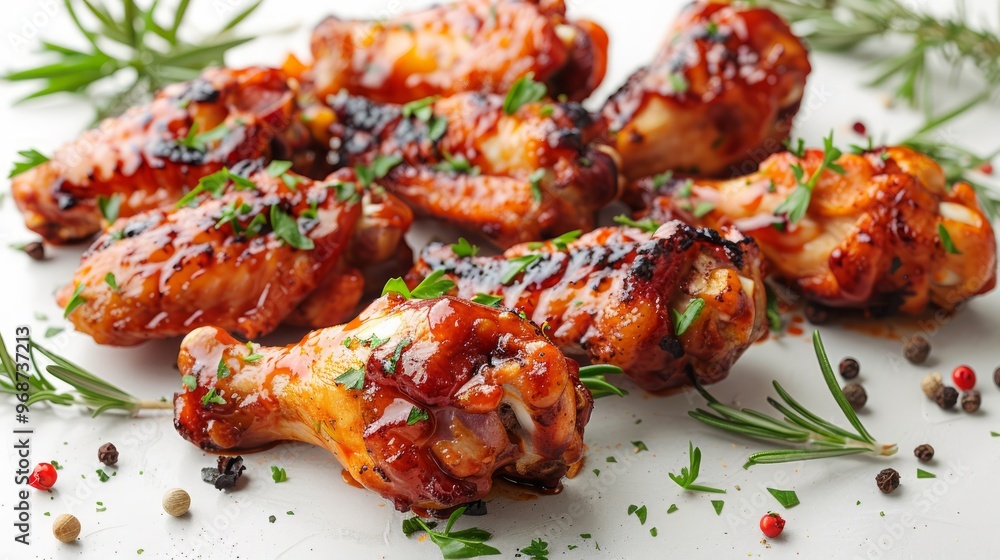 Roasted chicken wings with spices and herbs, flying isolated on white background. floating BBQ chicken drumsticks with vegetables isolated on white background. fried chicken wings. Roasted chicken wings with spices and herbs, flying isolated on white background. floating BBQ chicken drumsticks with vegetables isolated on white background. fried chicken wings.