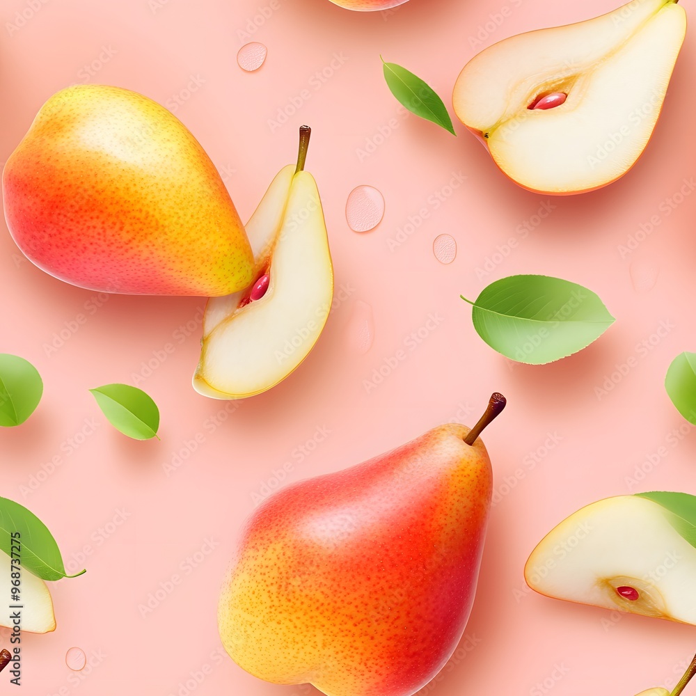 Fresh pears on a pink background with green leaves, perfect for vibrant food photography and healthy lifestyle themes. Fresh pears on a pink background with green leaves, perfect for vibrant food photography and healthy lifestyle themes.