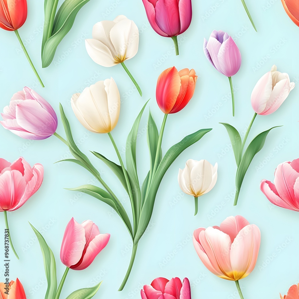 A vibrant pattern of multicolored tulips against a soft blue background, perfect for springtime decoration and floral design. A vibrant pattern of multicolored tulips against a soft blue background, perfect for springtime decoration and floral design.