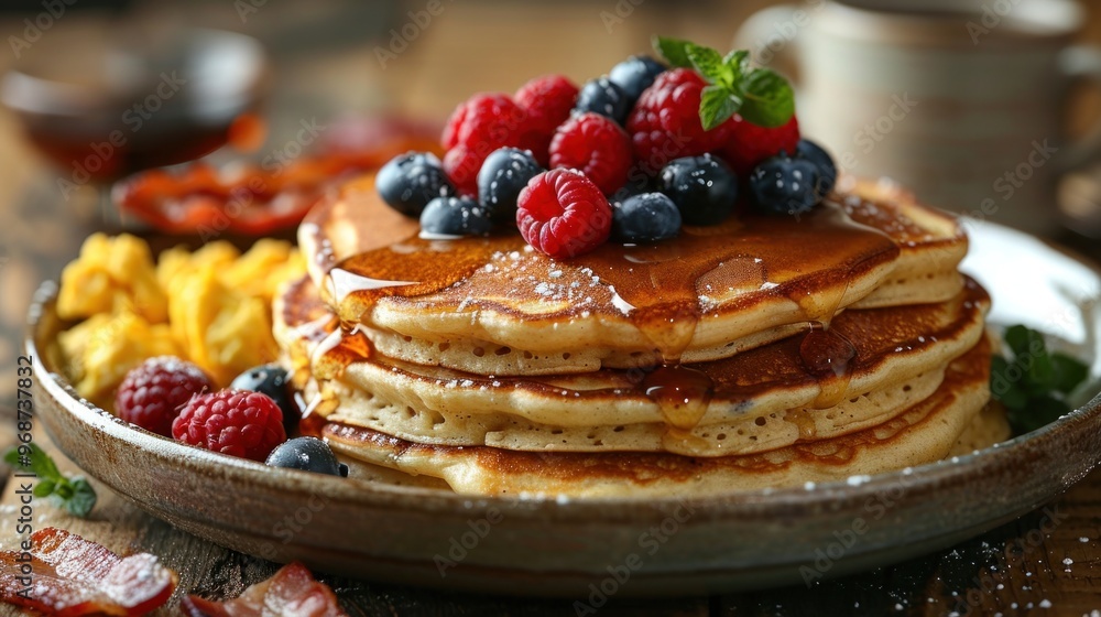 A classic breakfast spread featuring pancakes topped with fresh berries and syrup, scrambled eggs, bacon, and a cup of coffee A classic breakfast spread featuring pancakes topped with fresh berries and syrup, scrambled eggs, bacon, and a cup of coffee